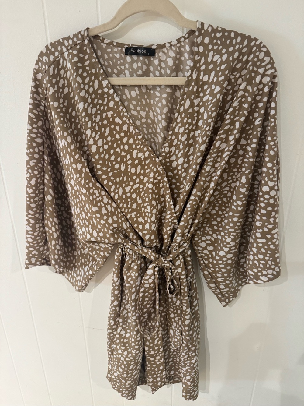 Lightweight Beige & White Printed Kimono Romper with tie - L